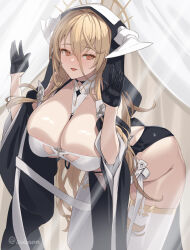 Rule 34 | 1girl, :p, azur lane, bare shoulders, black gloves, blonde hair, breast cutout, breasts, cuboon, fake horns, gloves, hair between eyes, hand on glass, horns, huge breasts, implacable (azur lane), large breasts, long bangs, long hair, looking at viewer, nun, red eyes, revealing clothes, shirt slip, solo, thighhighs, thighs, tongue, tongue out, veil, very long hair, white horns, white thighhighs