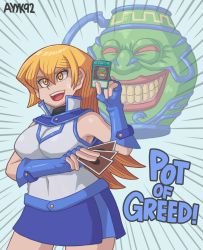 Rule 34 | 1girl, artist name, ayyk92, bare shoulders, blonde hair, blue gloves, blue skirt, card, commentary, covered navel, cowboy shot, english text, fingerless gloves, gloves, hair between eyes, highres, holding, holding card, long hair, open mouth, pot of greed, skirt, sleeveless, smile, solo, tenjouin asuka, yellow eyes, yu-gi-oh!, yu-gi-oh! gx