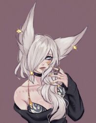 Rule 34 | 1girl, alternate costume, animal ears, artist name, bare shoulders, black bra, black choker, black sweater, bra, breasts, broken covenant xayah, brown background, choker, cleavage, closed mouth, collarbone, earrings, grey eyes, grey hair, hair over one eye, hand up, highres, jewelry, large breasts, league of legends, long hair, long sleeves, lunnaryn, nail polish, ring, simple background, solo, sweater, two-tone bra, underwear, watermark, white bra, xayah, yellow nails