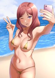 Rule 34 | 1girl, :d, armpits, beach, bikini, blush, breasts, cellphone, cleavage, cloud, collarbone, gold bikini, highres, holding, holding phone, large breasts, long hair, love live!, love live! school idol project, mature female, micro bikini, mole, mole under mouth, navel, niaru (r2pi), nishikino maki&#039;s mother, ocean, one eye closed, open mouth, outdoors, phone, purple eyes, red hair, sand, selfie, sky, smartphone, smile, solo, standing, swimsuit, taking picture, teeth, upper teeth only, v, water, wink