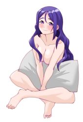 Rule 34 | 1girl, absurdres, alternate hairstyle, bare legs, bare shoulders, barefoot, blue hair, blush, breasts, chokkakudo, collarbone, feet, female focus, full body, hair between eyes, hair down, highres, holding, holding pillow, indian style, long hair, looking at viewer, love live!, love live! sunshine!!, matsuura kanan, medium breasts, nude, parted lips, pillow, pillow cover, purple eyes, sitting, smile, solo, toes, white background