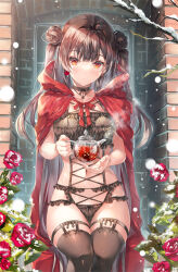 Rule 34 | 1girl, black bow, black choker, black hair, black panties, black thighhighs, bow, cape, choker, closed mouth, double bun, flower, hair bun, highres, holding, jewelry, lingerie, long hair, looking at viewer, miwabe sakura, navel, necklace, original, outdoors, panties, red cape, red eyes, red flower, red rose, rose, sitting, snowing, solo, thigh strap, thighhighs, underwear