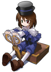 Rule 34 | 1girl, ankle boots, boots, box, brown hair, capelet, green eyes, hat, heterochromia, matsuda yuusuke, pantyhose, red eyes, rozen maiden, scissors, short hair, sitting, solo, souseiseki