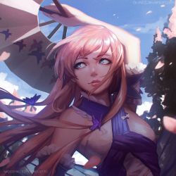 Rule 34 | 1girl, arm up, bare shoulders, blue eyes, blue sky, character request, closed mouth, commission, copyright request, day, detached sleeves, deviantart username, folding fan, guweiz, hand fan, holding, looking to the side, outdoors, pink hair, pink lips, short sleeves, sky, smile, solo, upper body