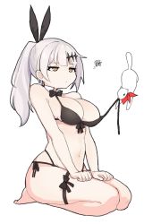 Rule 34 | 1girl, assisted exposure, barefoot, bikini, black bikini, bow, bowtie, breasts, cleavage, detached collar, five-seven (cruise queen) (girls&#039; frontline), five-seven (girls&#039; frontline), front-tie bikini top, front-tie top, full body, girls&#039; frontline, grey hair, hair ornament, highres, jorin, large breasts, leg ribbon, long hair, multi-strapped bikini, navel, official alternate costume, ponytail, ribbon, seiza, side-tie bikini bottom, simple background, sitting, solo, spoken squiggle, squiggle, swimsuit, thigh ribbon, untied bikini, white background, yellow eyes