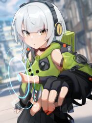 Rule 34 | 1girl, :o, absurdres, anby demara, bare shoulders, black gloves, black skirt, blue sky, blurry, blurry background, building, fingerless gloves, gloves, green jacket, headphones, highres, holographic interface, index finger raised, jacket, long sleeves, looking at viewer, open mouth, orange eyes, outdoors, pureakuma, short hair, skirt, sky, solo, white hair, zenless zone zero