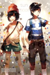 Rule 34 | 10s, 1boy, 1girl, backpack, bad id, bad pixiv id, bag, bare legs, baseball cap, beanie, black hair, blue eyes, bracelet, brown shorts, confetti, copyright name, creatures (company), elio (pokemon), game freak, green shorts, hand in pocket, handbag, hat, highres, jewelry, looking at viewer, nintendo, open mouth, pokemon, pokemon sm, red hat, selene (pokemon), shirt, short hair, shorts, smile, striped clothes, striped shirt, t-shirt, tsugutoku, z-ring