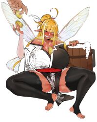 Rule 34 | 1girl, alcohol, bare shoulders, barefoot, beer, beggar, blonde hair, breasts, coin, dark-skinned female, dark skin, drunk, ears down, fairy, fairy wings, female focus, full body, gold, highres, huge breasts, japanese clothes, jewelry, mole, mole on thigh, pointy ears, puzenketsu, ring, sitting, solo focus, spread legs, tattoo, thick thighs, thighhighs, thighs, wings, zettai ryouiki
