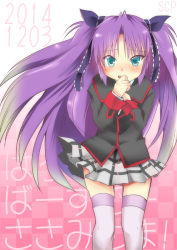 Rule 34 | 1girl, blue eyes, happy birthday, little busters!, long hair, purple hair, sasasegawa sasami, school uniform, scp (9scp), thighhighs, translated, twintails, two side up