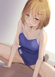 Rule 34 | 1boy, 1girl, backlighting, bad id, bad pixiv id, blonde hair, blue eyes, blue one-piece swimsuit, blurry, blush, breasts, clothed female nude male, collarbone, commentary request, competition school swimsuit, covered navel, dark-skinned male, dark skin, depth of field, girl on top, gradient background, grey background, hair between eyes, hair ornament, hairclip, half-closed eyes, highres, looking at viewer, lying, medium breasts, nose blush, nude, on back, one-piece swimsuit, original, pallad, parted bangs, parted lips, school swimsuit, short hair, solo focus, spread legs, straddling, swimsuit, wet, wet clothes, wet swimsuit, white background, wide hips