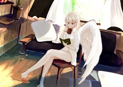 Rule 34 | 1girl, bare legs, book, bottomless, chair, collared shirt, couch, cup, curtains, dress shirt, feathered wings, flood, highres, holding, holding book, holding cup, indoors, kishin sagume, legs, lumo 1121, naked shirt, no pants, open book, pillow, plant, potted plant, reading, red eyes, shirt, shoe dangle, silver hair, single wing, sitting, slippers, solo, touhou, water, white shirt, white wings, window, wing collar, wings, wooden floor