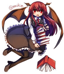 Rule 34 | 1girl, bat wings, black footwear, black pantyhose, black skirt, black vest, book, collared shirt, commentary, full body, head wings, high heels, highres, holding, holding book, koakuma, long hair, long sleeves, looking at viewer, multiple wings, necktie, one-hour drawing challenge, open mouth, pantyhose, red eyes, red hair, red necktie, renshirenji, shirt, simple background, skirt, solo, touhou, twitter username, vest, white background, white shirt, wings