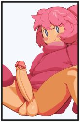 Rule 34 | 1boy, absurdres, blue eyes, blush stickers, bottomless, erection, eyelashes, fridge (artist), highres, kirby, kirby (series), large penis, looking at viewer, male focus, nintendo, penis, personification, pink hair, presenting, sitting, smile, spread legs, sweater, testicles, uncensored, white background