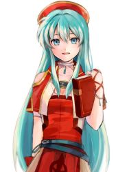 Rule 34 | 1girl, aqua eyes, aqua hair, belt, book, bracelet, capelet, cosplay, detached collar, dress, eirika (fire emblem), fire emblem, fire emblem: the binding blade, fire emblem: the sacred stones, fire emblem heroes, hat, highres, holding, holding book, jewelry, lilina (fire emblem), lilina (fire emblem) (cosplay), long hair, nintendo, open mouth, red hat, simple background, solo, tanusaku, white background