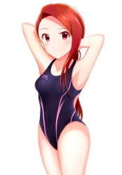 Rule 34 | 1girl, armpits, bad id, bad pixiv id, black one-piece swimsuit, blush, brown hair, closed mouth, collarbone, competition swimsuit, covered navel, cowboy shot, highres, idolmaster, idolmaster (classic), long hair, looking at viewer, minase iori, one-piece swimsuit, print swimsuit, red eyes, runmo77, simple background, solo, standing, swimsuit, tying hair, very long hair, white background