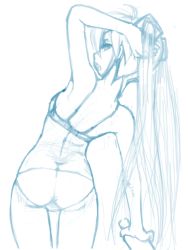 Rule 34 | 1girl, ass, blue theme, bra, from behind, hatsune miku, long hair, monochrome, o-minato, panties, sketch, solo, twintails, underwear, underwear only, very long hair, vocaloid
