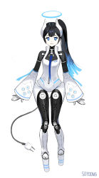 Rule 34 | 1girl, absurdres, android, arms at sides, black hair, blue eyes, blue hair, cable, cable tail, electric plug, game console, halo, highres, horns, joints, long hair, looking at viewer, mechanical horns, mechanical tail, multicolored hair, original, personification, photoshop (medium), playstation 5, ponytail, robot joints, solo, soyoong jun, tail, two-tone hair, white background, wide sleeves