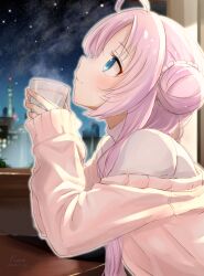 Rule 34 | 1girl, absurdres, ahoge, akeuchi yuu, artist name, blue eyes, cardigan, closed mouth, cup, dated, elbow rest, fluno, hair bun, highres, holding, holding cup, hoshikuzu telepath, long hair, long sleeves, looking up, night, night sky, off shoulder, pink cardigan, pink hair, profile, shirt, sky, solo, star (sky), starry sky, table, tokyo (city), tokyo skytree, turtleneck, upper body, white shirt, window