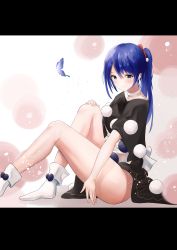 Rule 34 | 1girl, absurdres, asymmetrical bangs, bare legs, black dress, blue eyes, blue hair, blush, breasts, bug, butterfly, closed mouth, commentary, doremy sweet, dress, full body, hair between eyes, highres, insect, letterboxed, light particles, long hair, looking at viewer, medium breasts, parted bangs, pom pom (clothes), ponytail, scrunchie, simple background, sitting, smile, socks, solo, thighs, touhou, white background, white footwear, yomare