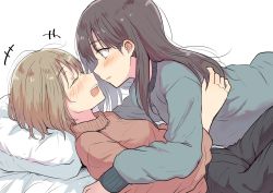 Rule 34 | 2girls, bed, betock, black hair, black pants, blush, brown hair, eyelashes, closed eyes, female focus, from side, highres, hug, long hair, looking at another, lying, lying on person, multiple girls, on back, open mouth, original, pants, pillow, profile, short hair, sweater, teeth, turtleneck, turtleneck sweater, upper teeth only, yuri