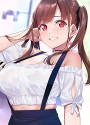 Rule 34 | 1girl, black choker, blurry, blurry background, blush, breasts, brown hair, choker, cleavage, commentary request, copyright request, earrings, highres, jewelry, large breasts, long hair, looking at viewer, parted lips, shirt, smile, solo, suspenders, tomohiro kai, twintails, white shirt