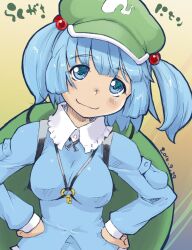 Rule 34 | 1girl, blue eyes, blue hair, blue shirt, blush, breasts, closed mouth, collared shirt, commentary request, dated, flat cap, frilled shirt collar, frills, green hat, hands on own hips, hat, head tilt, highres, jewelry, kawashiro nitori, kei jiei, key, key necklace, long sleeves, looking at viewer, medium breasts, medium hair, necklace, shirt, smile, solo, touhou, two side up, upper body, yellow background