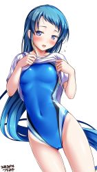 Rule 34 | 1girl, blue eyes, blue hair, blue one-piece swimsuit, clothes lift, commentary request, competition swimsuit, covered navel, cowboy shot, flat chest, flying sweatdrops, gradient hair, highres, kantai collection, long hair, multicolored hair, one-piece swimsuit, samidare (kancolle), shirt, shirt lift, simple background, solo, standing, swept bangs, swimsuit, tsuchimiya, very long hair, white background, white shirt