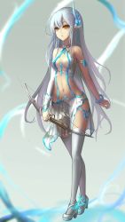 Rule 34 | 1girl, bad id, bad pixiv id, bow (weapon), breasts, cleavage, long hair, navel, original, pointy ears, revealing clothes, single sleeve, small breasts, solo, thighhighs, wangchuan de quanyan, weapon, white hair, yellow eyes