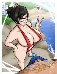 Rule 34 | !, 1boy, 1girl, ?, ??, absurdres, bikini, blush, breasts, brown eyes, brown hair, bulge, fat, fat man, glasses, heart, highres, large breasts, large penis, long hair, looking at viewer, male pubic hair, mei (overwatch), nayaase beleguii, overwatch, partially undressed, penis, pov, pubic hair, roadhog (overwatch), slingshot swimsuit, smile, speech bubble, swimsuit, tattoo, thong bikini, v, water