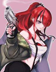 Rule 34 | 1girl, ata (ataru hoyama), bandeau, bare shoulders, black gloves, black hair, breasts, cleavage, commentary request, ear piercing, fingerless gloves, gloves, green jacket, gun, hair over one eye, handgun, highres, holding, holding gun, holding weapon, jacket, lain paterson, lain paterson (1st costume), large breasts, long hair, long sleeves, looking at viewer, midriff, multicolored hair, nail polish, navel, nijisanji, off shoulder, open clothes, open jacket, outline, parted lips, piercing, pink nails, pistol, ponytail, pouch, purple background, purple eyes, red hair, sidelocks, simple background, smoke, solo, stomach, strapless, streaked hair, suspenders, tube top, upper body, virtual youtuber, weapon, white outline