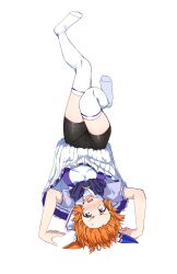 Rule 34 | 1girl, absurdres, animal ears, bike shorts, blush, breasts, commentary request, full body, hair ornament, handstand, highres, horse ears, looking at viewer, matikanefukukitaru (umamusume), medium breasts, medium hair, nerukichikatafukuma, orange eyes, orange hair, school uniform, simple background, solo, thighhighs, tracen school uniform, umamusume, white background