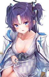 Rule 34 | 1girl, alcohol, bath yukata, blue archive, blue eyes, blush, breasts, cleavage, collarbone, commentary request, cup, drunk, halo, highres, japanese clothes, kimono, konnyaku (kk-monmon), long hair, looking at viewer, medium breasts, open mouth, purple hair, sake, simple background, sitting, solo, striped, tokkuri, two side up, vertical stripes, wide sleeves, yukata, yuuka (blue archive)