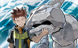 Rule 34 | 1boy, ^ ^, brock (pokemon), brown hair, closed eyes, closed mouth, creature, creatures (company), facing viewer, game freak, gen 1 pokemon, gym leader, horns, male focus, nintendo, official art, onix, pokemon, pokemon (creature), pokemon lgpe, pokemon tcg, shirt, single horn, smile, spiked hair, third-party source, tokiya, upper body