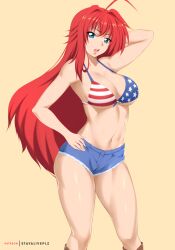 Rule 34 | 1girl, american flag bikini, american flag print, aqua eyes, arm behind head, armpits, artist name, bikini, bikini top only, boots, breasts, cleavage, denim, denim shorts, flag print, front-tie bikini top, front-tie top, hand on own hip, high school dxd, highres, legs, long hair, looking at viewer, midriff, model pose, navel, open mouth, print bikini, red hair, rias gremory, short shorts, shorts, solo, stayaliveplz, swimsuit, thick thighs, thighs, toned, very long hair