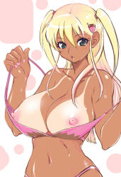 Rule 34 | 1girl, bad proportions, bikini, bikini pull, bikini tan, blonde hair, blue eyes, blush, breasts, character request, clothes pull, hair ornament, hairclip, large breasts, long hair, nipples, open mouth, original, pink bikini, pulled by self, solo, strap lift, sweat, swimsuit, tan, tanline, undressing, upper body, uran (uran-factory)