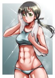 Rule 34 | 1girl, abs, breasts, brown hair, collarbone, gertrud barkhorn, green eyes, low twintails, midriff, navel, panties, red liquid (artist), ribbon, solo, strike witches, towel, towel around neck, twintails, underwear, world witches series