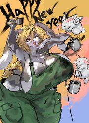 Rule 34 | 1girl, 2others, absurdres, ahoge, animal, animal ears, bare shoulders, blonde hair, bouncing breasts, breasts, bucket, chinese zodiac, cleavage, curvy, english text, furry, furry female, green overalls, hair between eyes, highres, huge breasts, ink, kantan, long hair, multiple others, one eye closed, original, overalls, pocket, ponytail, rabbit, rabbit ears, rabbit tail, red eyes, sideboob, tail, thick thighs, thighs, wide hips, wings, wink, year of the rabbit