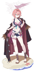 Rule 34 | 1girl, absurdres, beach, belt, bikini, black hairband, blue eyes, blue shorts, blush, breasts, brown coat, brown footwear, cleavage, coat, coat on shoulders, collarbone, commentary request, full body, hair wings, hairband, hand up, highleg, highleg bikini, highres, hololive, hololive summer 2023 swimsuit, large breasts, legs, multicolored hair, nail polish, navel, pink hair, red nails, sandals, shadow, short hair, short shorts, shorts, simple background, solo, stomach, streaked hair, striped bikini, striped clothes, swimsuit, takane lui, takane lui (1st costume), thigh strap, thighs, toeless footwear, toenail polish, toenails, toes, v-shaped eyebrows, virtual youtuber, white background, white belt, yuuzuki (re&#039;ef)
