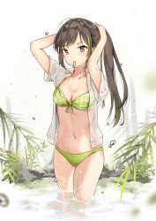 Rule 34 | 1girl, ahoge, arms up, bad id, bad pixiv id, bamboo, bikini, blush, breasts, brown eyes, cleavage, collarbone, commentary request, front-tie bikini top, front-tie top, girls&#039; frontline, green bikini, green hair, highres, long hair, m4a1 (girls&#039; frontline), medium breasts, mouth hold, multicolored hair, navel, onsen, open clothes, open shirt, plant, ponytail, see-through, shirt, short sleeves, sidelocks, signature, solo, stomach, streaked hair, swept bangs, swimsuit, thigh gap, tying hair, wading, water, wet, wet clothes, wet shirt, white background, white shirt, yuuki mix