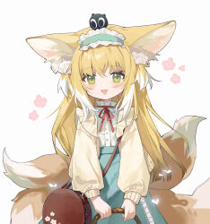 Rule 34 | 1girl, animal ear fluff, animal ears, arknights, bag, basket, black cat, blonde hair, blue hairband, blue skirt, blush, brown bag, cardigan, cat, commentary, cowboy shot, creature on head, flower, fox ears, fox tail, frilled hairband, frills, green eyes, hair ornament, hair scrunchie, hairband, handbag, heixiu, highres, holding, holding basket, kitsune, kyuubi, long hair, long sleeves, luo xiaohei zhanji, measho, multicolored hair, multiple tails, neck ribbon, official alternate costume, on head, open cardigan, open clothes, open mouth, pink flower, puffy long sleeves, puffy sleeves, red ribbon, ribbon, scrunchie, shirt, shoulder bag, sidelocks, skirt, sleeve cuffs, solo, stitches, suzuran (arknights), suzuran (spring praise) (arknights), tail, triangle mouth, two-tone hair, white background, white hair, white shirt, yellow cardigan