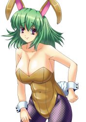 Rule 34 | 1girl, animal ears, bow, bowtie, breasts, rabbit ears, rabbit tail, cleavage, easily, fishnet pantyhose, fishnets, green eyes, highres, kazami yuuka, large breasts, leotard, pantyhose, playboy bunny, purple eyes, short hair, smile, solo, tail, touhou