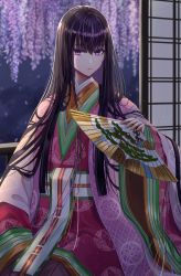 Rule 34 | 1girl, absurdly long hair, absurdres, black hair, blush, breasts, fate/grand order, fate (series), flower, folding fan, hand fan, highres, huge filesize, japanese clothes, juunihitoe, karaginu mo, kimono, layered clothes, layered kimono, long hair, long sleeves, looking at viewer, murasaki shikibu (fate), murasaki shikibu (third ascension) (fate), pink kimono, purple eyes, sash, shouji, sliding doors, solo, tobi (pixiv41237754), very long hair, wide sleeves, wisteria