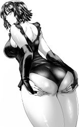 Rule 34 | 1girl, ass, ass grab, bare legs, black hair, breasts, daraz, elbow gloves, from behind, fubuki (one-punch man), gloves, grabbing own ass, greyscale, highres, large breasts, leotard, looking at viewer, looking back, monochrome, one-punch man, parted lips, short hair, sideboob, solo, thighs