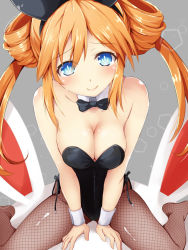Rule 34 | 1girl, alternate costume, animal ears, bare shoulders, between legs, black bow, black bowtie, black leotard, blue eyes, blush, bow, bowtie, breasts, breasts squeezed together, cleavage, commentary request, detached collar, fake animal ears, fishnet pantyhose, fishnets, from above, hair between eyes, hair rings, hand between legs, highres, iwashi dorobou -r-, leotard, long hair, looking at viewer, medium breasts, neptune (series), no shoes, orange hair, orange heart (neptunia), pantyhose, playboy bunny, power symbol, power symbol-shaped pupils, rabbit ears, shin jigen game neptune vii, sitting, smile, solo, spread legs, symbol-shaped pupils, thighs, twintails, wrist cuffs