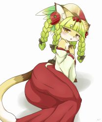 Rule 34 | 1girl, animal ears, artist request, braid, brown eyes, cat ears, fullbokko heroes, furry, furry female, green hair, highres, japanese clothes, long hair, miko, simple background, solo, tail, twin braids