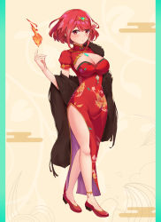 Rule 34 | 1girl, absurdres, alternate costume, anklet, bare legs, breasts, china dress, chinese clothes, cleavage, cleavage cutout, closed mouth, clothing cutout, dress, earrings, egasumi, female focus, fire, floral print, full body, gem, highres, index finger raised, jewelry, kiiro kimi, large breasts, matching hair/eyes, nintendo, pelvic curtain, pillarboxed, print dress, pyra (xenoblade), pyrokinesis, red eyes, red footwear, red hair, shoes, short hair, smile, solo, standing, swept bangs, tiara, xenoblade chronicles (series), xenoblade chronicles 2