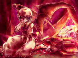 Rule 34 | 1girl, ba, bad id, bad pixiv id, barefoot, bat wings, blood, book, colorized, cross, cup, drinking glass, female focus, glass, hat, purple hair, red eyes, remilia scarlet, short hair, sitting, solo, tokikane mikan, touhou, virginia complex, wine glass, wings