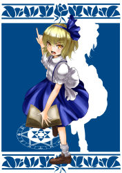 Rule 34 | 1girl, alice margatroid, alice margatroid (pc-98), angry, bad id, bad pixiv id, blonde hair, blue skirt, book, culter, dress shirt, female focus, hairband, hexagram, highres, magic circle, mystic square, open mouth, orange eyes, pointing, puffy short sleeves, puffy sleeves, shirt, short hair, short sleeves, silhouette, skirt, solo, suspenders, touhou, touhou (pc-98), zodiac