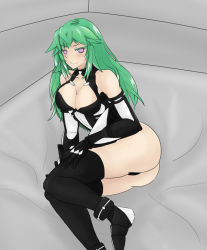 Rule 34 | 1girl, alternate hairstyle, artist request, ass, bare shoulders, black heart (neptunia), black heart (neptunia) (cosplay), blush, boots, breasts, cosplay, elbow gloves, gloves, green hair, green heart (neptunia), large breasts, long hair, looking at viewer, lying, neptune (series), on side, purple eyes, smile, solo, symbol-shaped pupils, thigh boots, thighhighs, vert (neptune series)