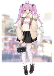 Rule 34 | 1girl, ahoge, alternate costume, bag, black footwear, black skirt, blush, boots, clothes writing, earrings, fang, full body, glasses, hair between eyes, handbag, high heel boots, high heels, holding, holding bag, jewelry, kantai collection, long hair, long sleeves, momo (kancolle), multicolored hair, open mouth, pink eyes, pink hair, red-framed eyewear, semi-rimless eyewear, skin fang, skirt, smile, solo, thighhighs, twintails, twitter username, two-tone hair, white thighhighs, yamashichi (mtseven)